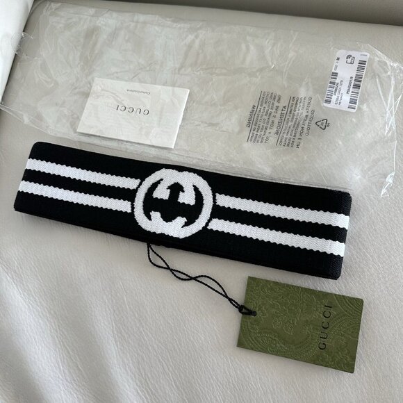 NEW GUCCI Headband HAIRBAND INTERLOCKING G BLACK WHITE SIZE M LOGO - Picture 2 of 8